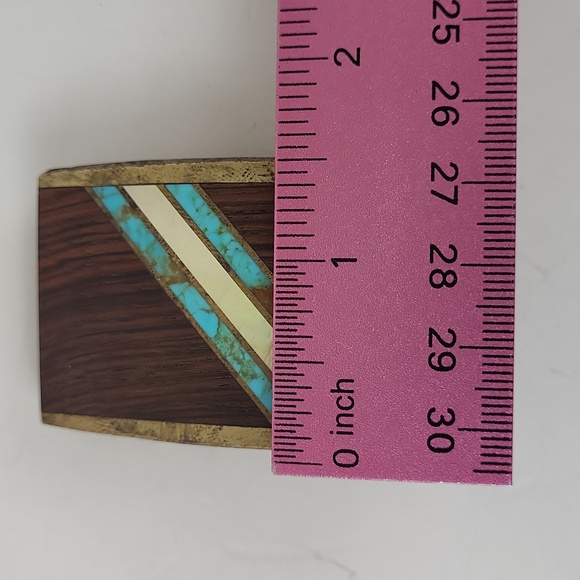 Vintage Belt Buckle SST Wood Turquoise Inlay Brass Modernist Geometric Cowgirl - Picture 4 of 8